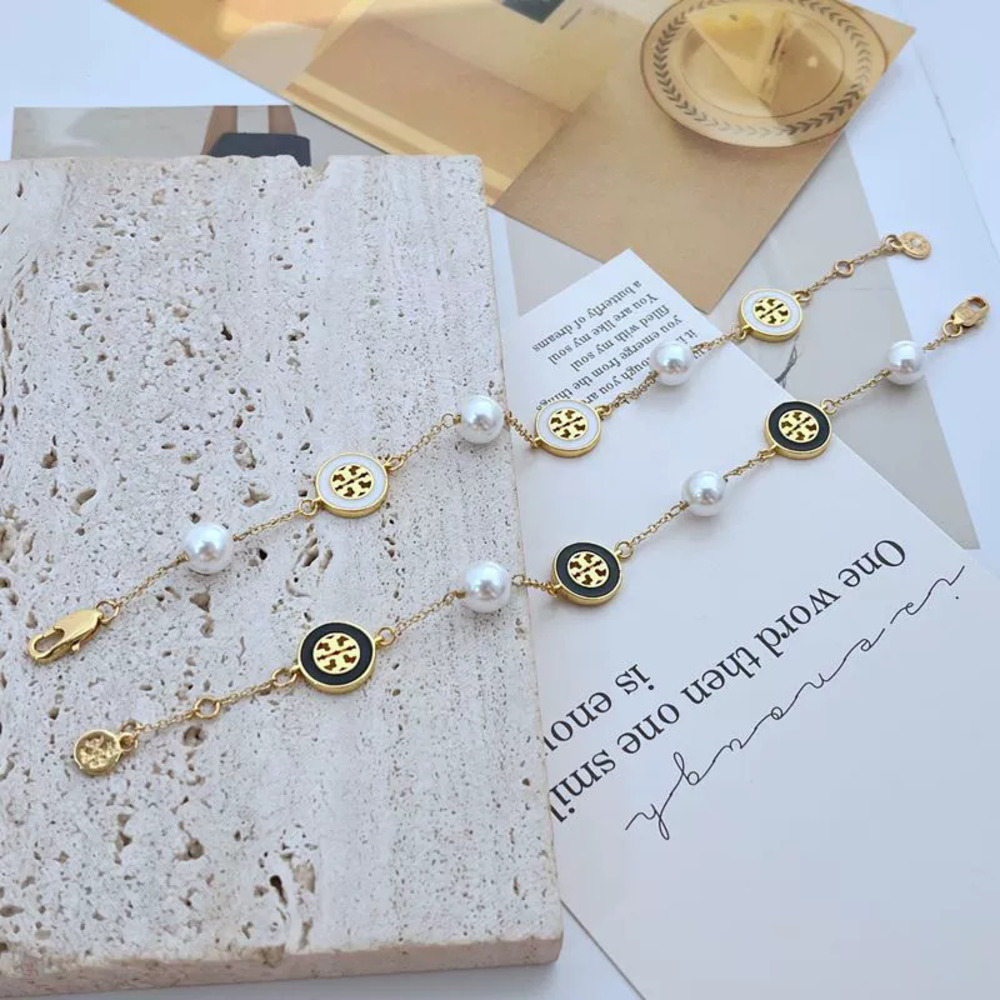 Tory Burch Inlaid Enamel Pearl Letter Metal Bracelet
